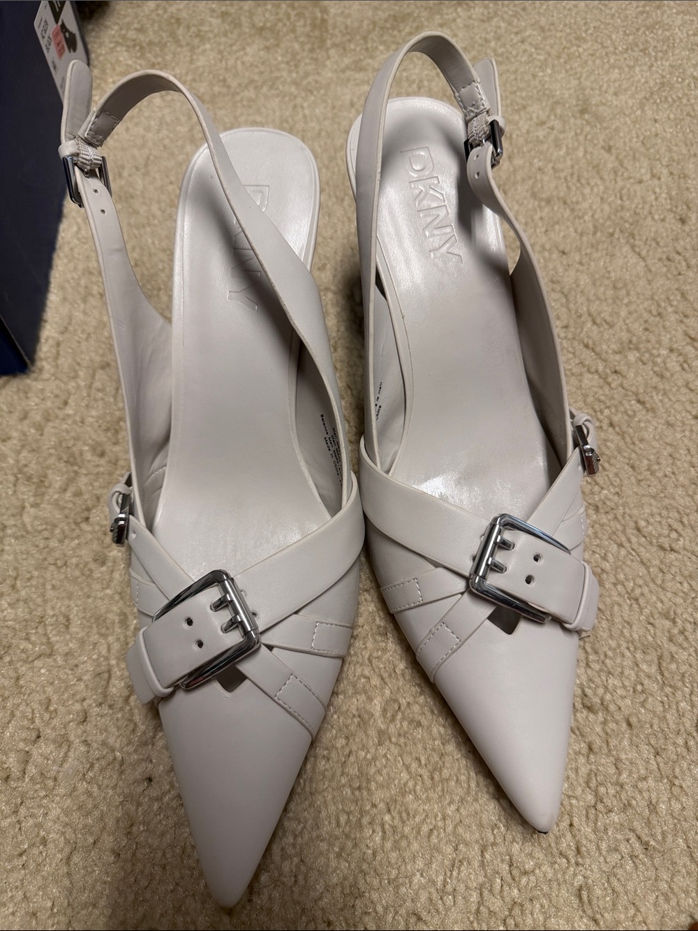 DKNY White Pointed Slingback Heels with Buckle Detail